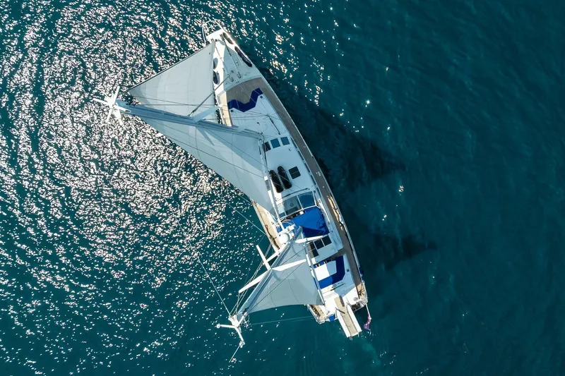 Playmobil Yacht Photos Pics Aerial view of 1990 One Off Brandst&auml;tter 31m Motor Sailor on sparkling blue water.