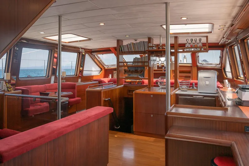 Playmobil Yacht Photos Pics Luxurious interior of 1990 One Off Brandst&auml;tter 31m Motor Sailor with elegant wood and red upholstery.