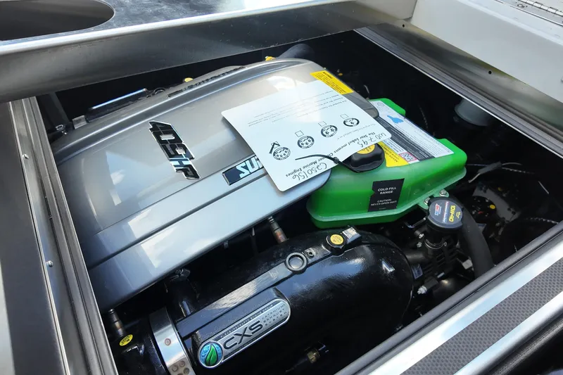  Yacht Photos Pics Engine compartment of 2025 Supreme S220 boat, featuring modern components and labels.