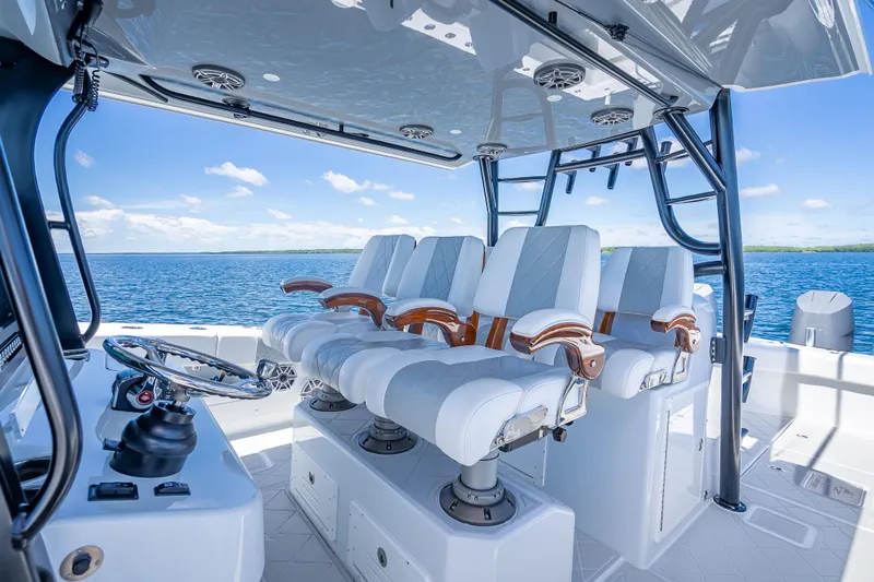  Yacht Photos Pics Interior of 2024 Freeman 43 boat with luxury seating and ocean view.