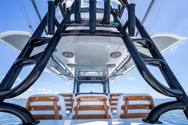  Yacht Photos Pics 2024 Freeman 43 boat interior with sleek design and modern seating on open water.