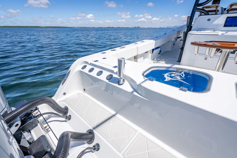  Yacht Photos Pics 2024 Freeman 43 boat deck with ocean view, featuring sleek design and modern amenities.