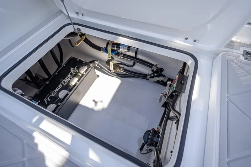  Yacht Photos Pics 2024 Freeman 43 boat compartment with battery and wiring system.