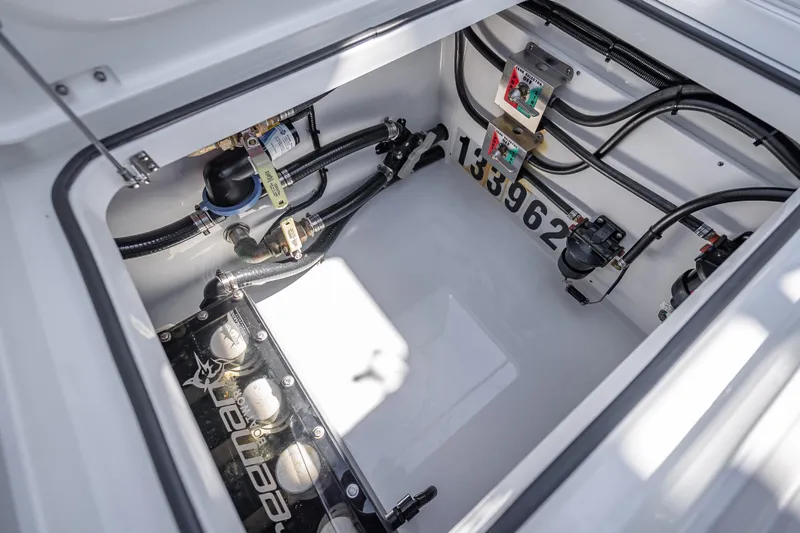  Yacht Photos Pics Engine compartment of 2024 Freeman 43 boat, showcasing wiring and components.