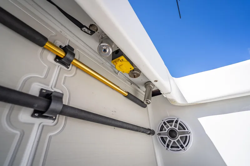  Yacht Photos Pics Interior view of a 2024 Freeman 43 boat, showcasing wiring and speaker details.