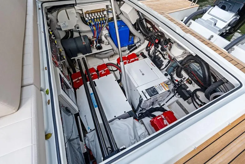  Yacht Photos Pics Engine compartment of 2025 SACS 40 Rebel boat, showcasing advanced mechanical systems and components.