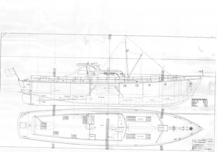 Atalanta J Yacht Photos Pics Blueprint of 1958 Feadship ATALANTA J yacht, showcasing side and top views.