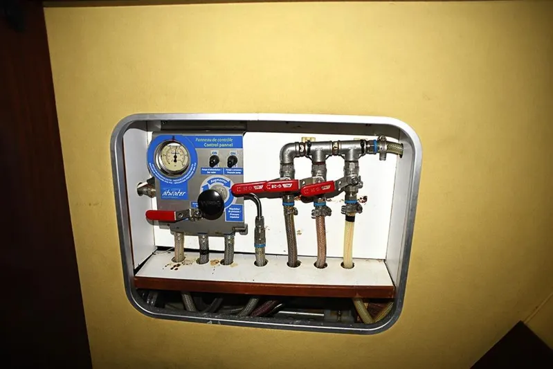 Mersea Yacht Photos Pics Control panel with gauges and valves on a 1997 Fountaine Pajot Athena 38 yacht.