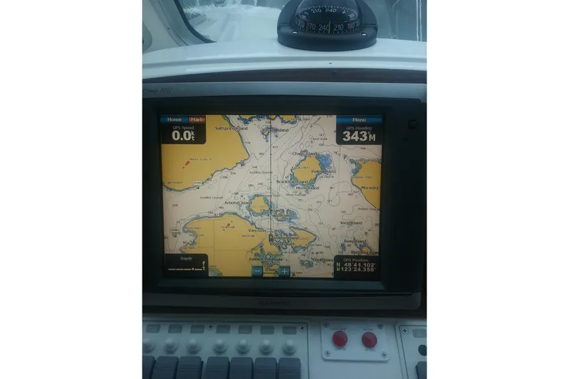 Lady In Blue Yacht Photos Pics Navigation display on a 2012 Back Cove 30 boat, showing a detailed marine map.