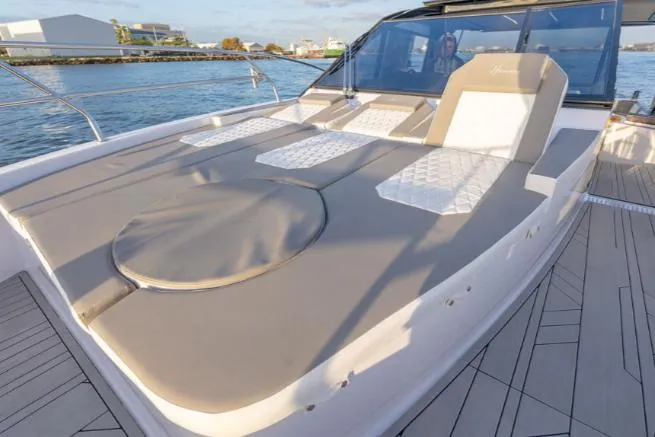 Ready For Immediate Delivery Yacht Photos Pics 2025 Hanover 387 Grey & Black Edition Outboard with spacious deck and luxurious seating.