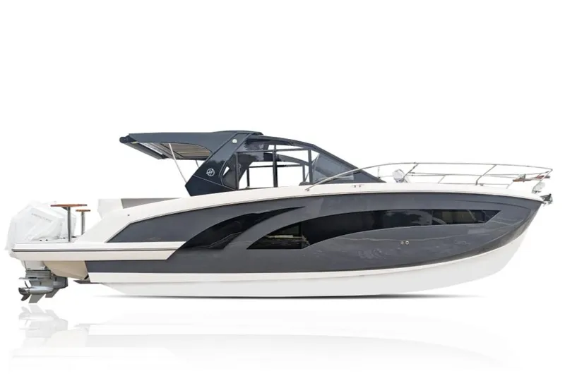 Ready For Immediate Delivery Yacht Photos Pics 2025 Hanover 387 Grey & Black Edition Outboard boat, sleek design, side view.
