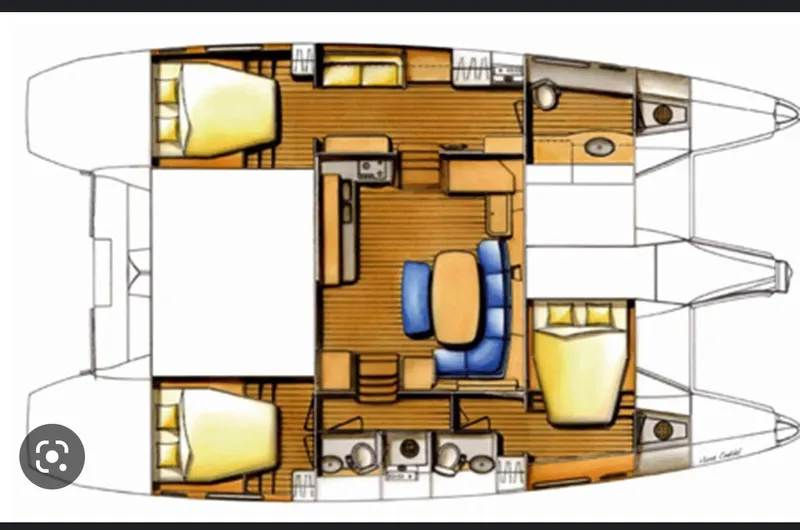 Hh Sound Waves Yacht Photos Pics Floor plan of a 2008 Lagoon 420 Hybrid catamaran, featuring cabins and living areas.
