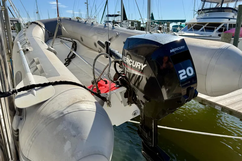 Way Maker Yacht Photos Pics Inflatable boat with Mercury 20 outboard motor, docked at marina, Leopard 38, 2010 model.