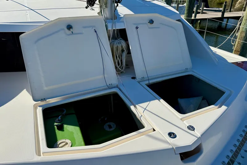 Way Maker Yacht Photos Pics Open storage compartments on a 2010 Leopard 38 catamaran deck.