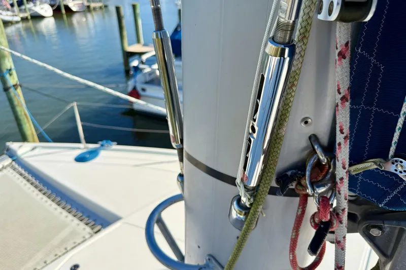 Way Maker Yacht Photos Pics Close-up of a 2010 Leopard 38 sailboat mast with rigging and ropes.