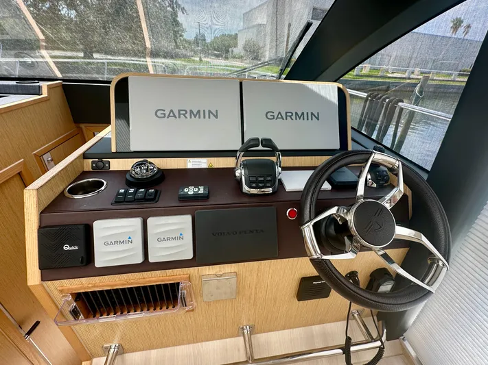 Nan Sea Cay Yacht Photos Pics Helm of 2020 Sealine C430 yacht with Garmin navigation displays and steering wheel.