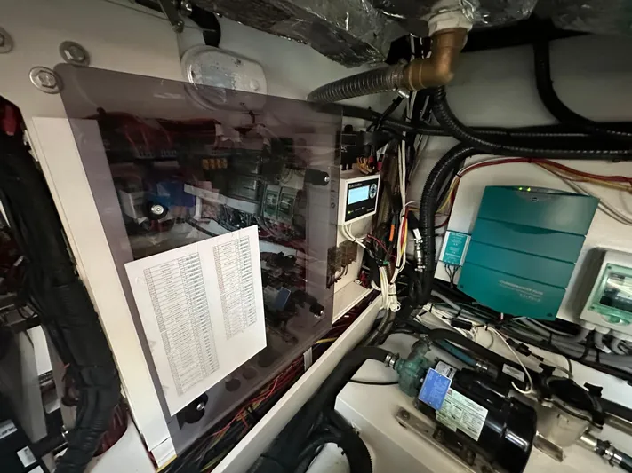 Nan Sea Cay Yacht Photos Pics Engine room of 2020 Sealine C430 yacht with wiring and equipment.