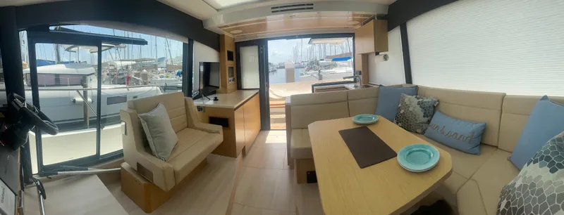 Nan Sea Cay Yacht Photos Pics Interior of 2020 Sealine C430 yacht with modern seating and dining area.