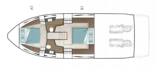 Nan Sea Cay Yacht Photos Pics Floor plan of 2020 Sealine C430 yacht, featuring dual cabins and engine layout.