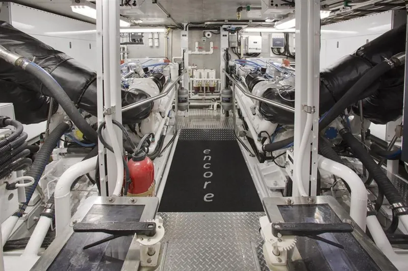 Encore Yacht Photos Pics Engine room of 1992 Crescent Custom yacht with dual engines and "encore" mat.
