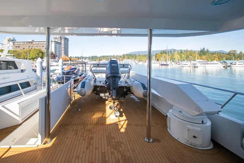 Encore Yacht Photos Pics Luxurious 1992 Crescent Custom yacht deck with scenic marina view.