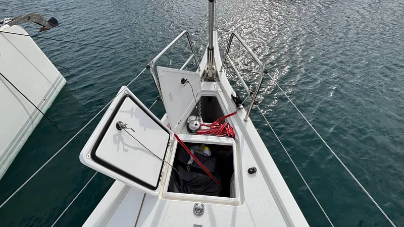 Zenith Yacht Photos Pics Italia Yachts 14.98 sailboat deck with open storage compartments, 2023 model.