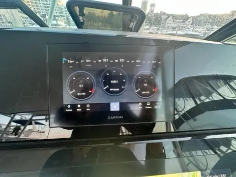 Mirabella Yacht Photos Pics Garmin display on 1996 Tiara Yachts 43 Open dashboard, showing navigation data.