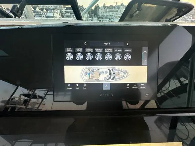 Mirabella Yacht Photos Pics Garmin navigation display on 1996 Tiara Yachts 43 Open dashboard.