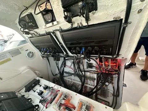 Mirabella Yacht Photos Pics 1996 Tiara Yachts 43 Open electronics panel with Garmin systems and wiring.