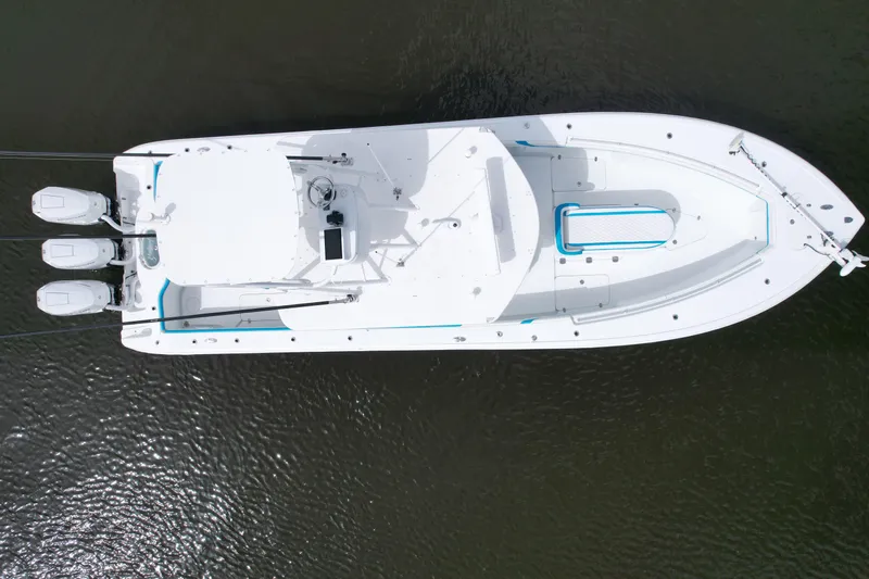  Yacht Photos Pics Aerial view of 2016 Yellowfin 39 Offshore boat on water.