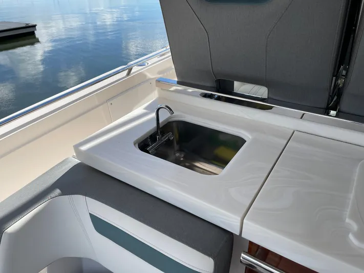  Yacht Photos Pics 2020 Tiara Yachts 38 LS boat sink and countertop detail.