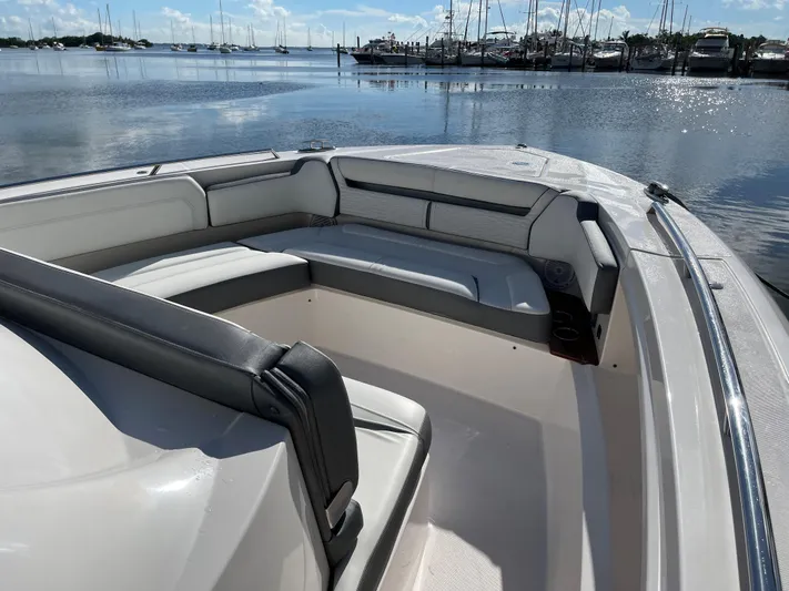  Yacht Photos Pics 2020 Tiara Yachts 38 LS bow seating area with marina view.