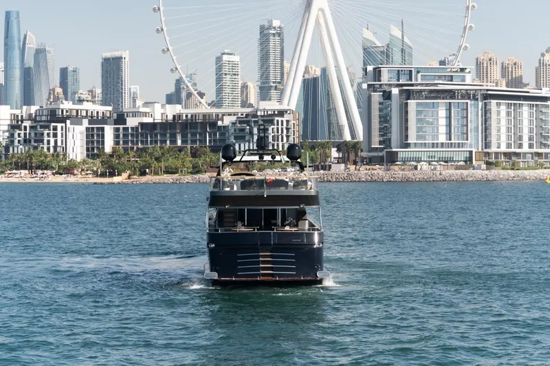 Spectre Yacht Photos Pics Luxury Azimut 100 Jumbo yacht cruising near modern city skyline, 2004 model.