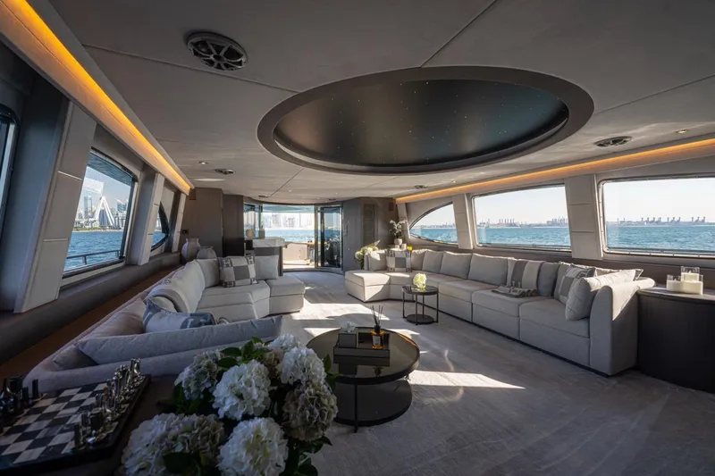 Spectre Yacht Photos Pics Luxurious interior of 2004 Azimut 100 Jumbo yacht with panoramic ocean views.