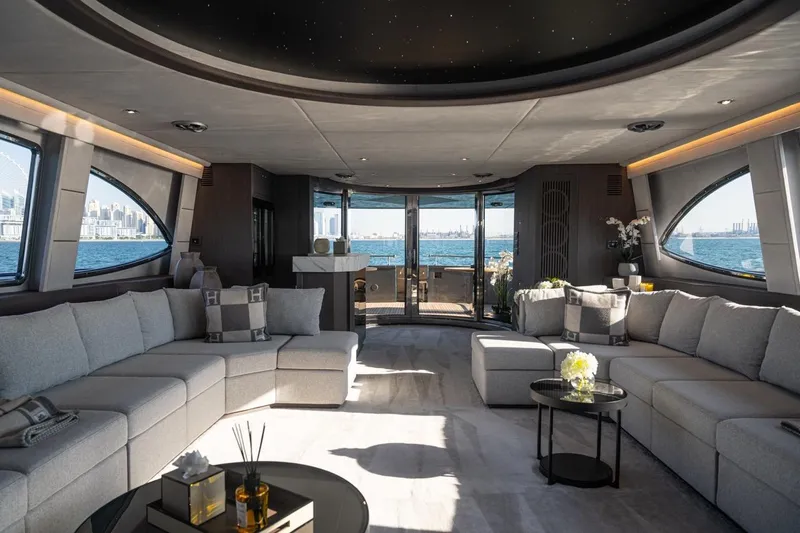 Spectre Yacht Photos Pics Luxurious interior of 2004 Azimut 100 Jumbo yacht with panoramic ocean views.