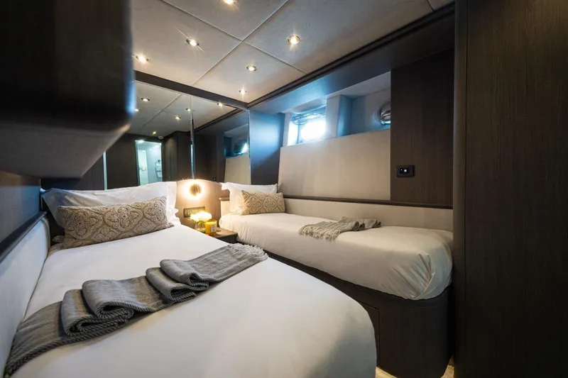 Spectre Yacht Photos Pics Luxurious twin cabin interior of 2004 Azimut 100 Jumbo yacht.