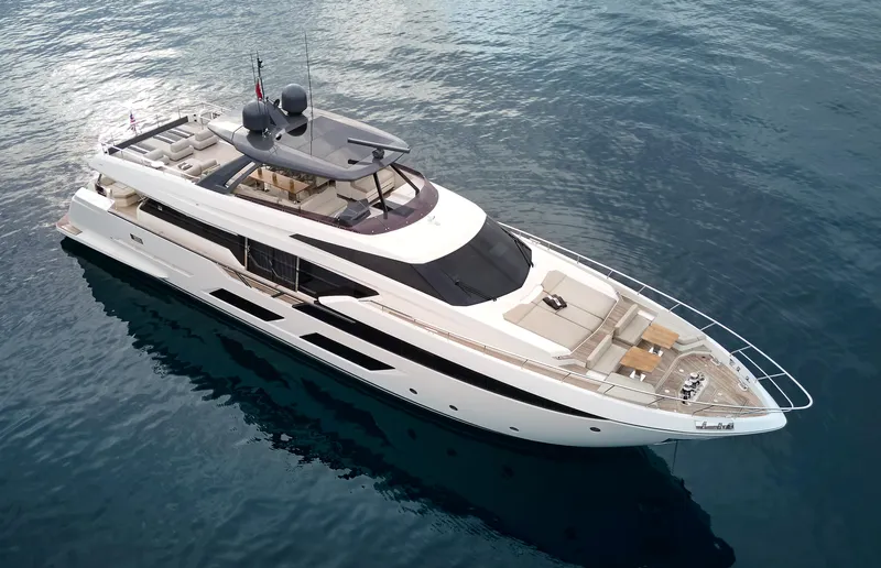 M/y Sunrise Yacht Photos Pics Luxurious 2021 Ferretti Yachts 920 cruising on calm blue waters.