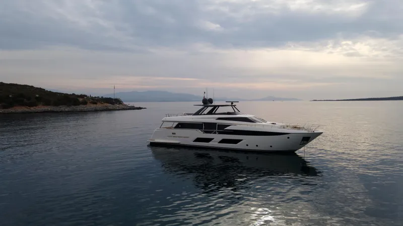 M/y Sunrise Yacht Photos Pics Luxury Ferretti Yachts 920, 2021 model, cruising on serene waters at sunset.