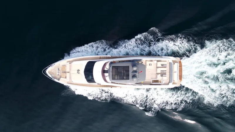 M/y Sunrise Yacht Photos Pics Aerial view of 2021 Ferretti Yachts 920 cruising on open water.