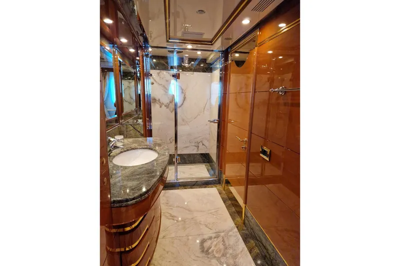  Yacht Photos Pics Luxurious bathroom on 2010 Benetti Vision 45m yacht with marble and wood finishes.