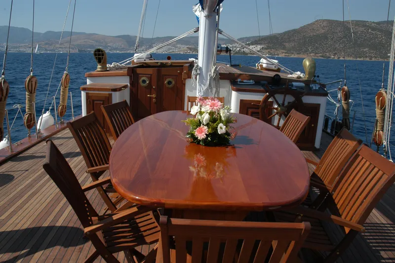 Arinna Yacht Photos Pics Luxurious deck of 2006 Aegean Yacht AEGEAN SAILOR 22.50 with elegant wooden dining setup.