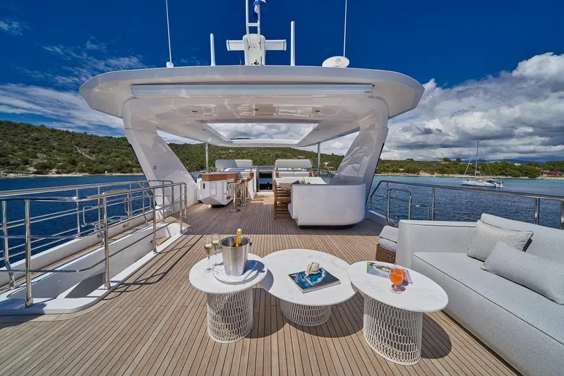  Yacht Photos Pics Luxurious 2024 Azimut Grande 27 METRI yacht deck with elegant seating and ocean view.