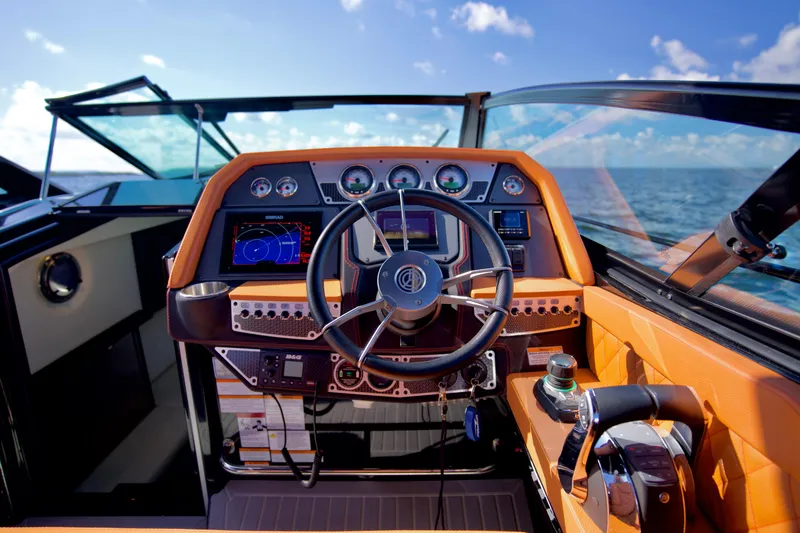  Yacht Photos Pics 2022 Cruisers Yachts 338 South Beach Edition Bow Rider dashboard with ocean view.