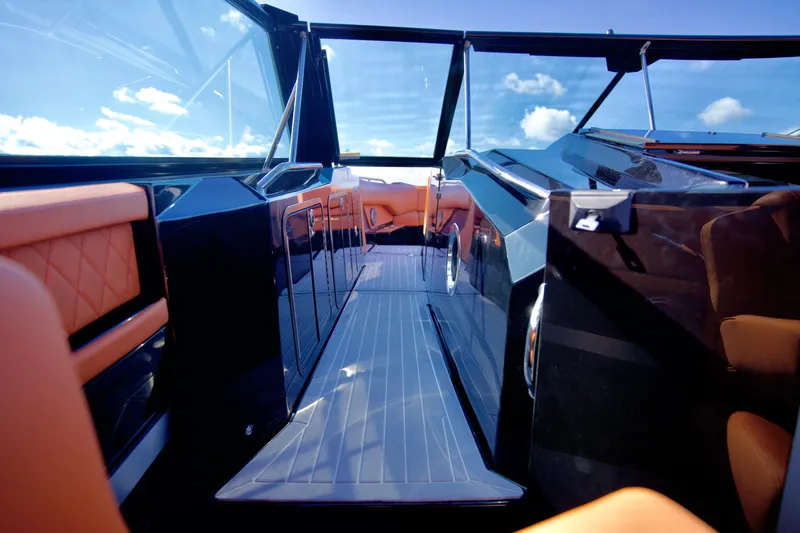  Yacht Photos Pics 2022 Cruisers Yachts 338 South Beach Edition Bow Rider interior with sleek design and luxurious seating.