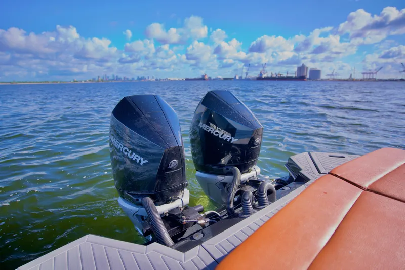  Yacht Photos Pics 2022 Cruisers Yachts 338 South Beach Edition Bow Rider with dual Mercury engines on water.