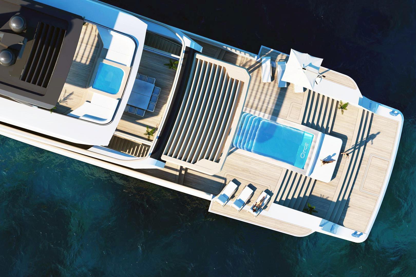 Aerial view of RMK Yachts Orca 58M, 2026 model, featuring luxurious deck and pool.
