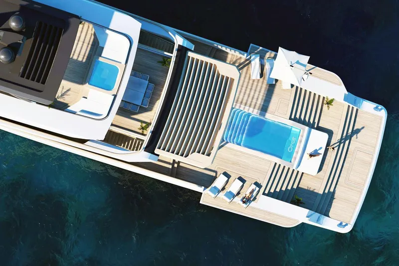  Yacht Photos Pics Aerial view of RMK Yachts Orca 58M, 2026 model, featuring luxurious deck and pool.