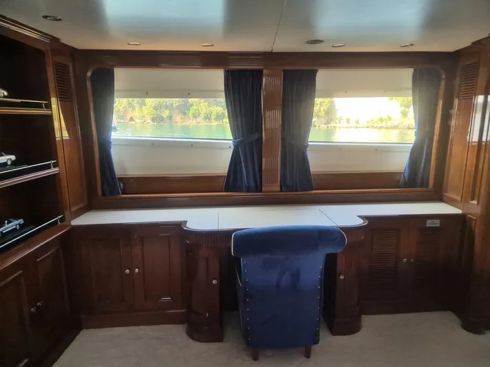 Frienship Yacht Photos Pics Luxurious interior of 2000 Benetti Classic 115 yacht with elegant wood finish and blue accents.