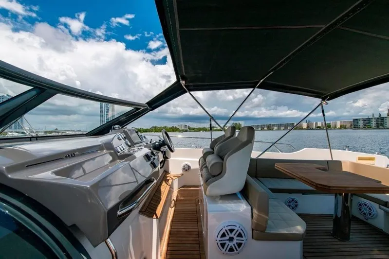 Amaretto Yacht Photos Pics 2015 Absolute 40 STL yacht cockpit with seating and table, waterfront view.