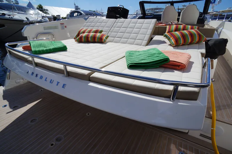 Amaretto Yacht Photos Pics Luxury 2015 Absolute 40 STL yacht with sunbathing deck and colorful towels.